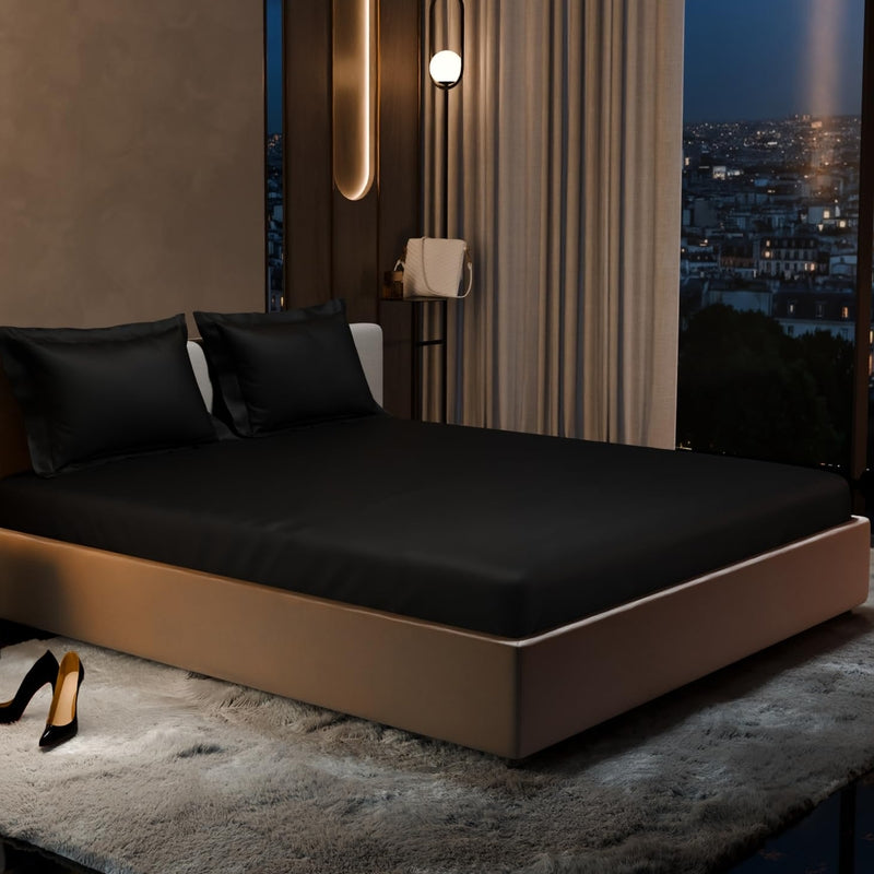 Purelle Satin Fitted Bedsheets (Black) - 150 GSM