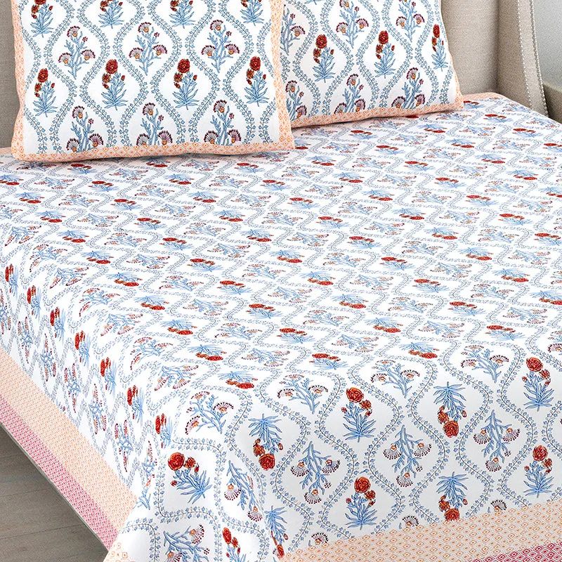 Ethnik Blooms Cotton Bedsheet (Peach, Blue) - 144 TC media 3