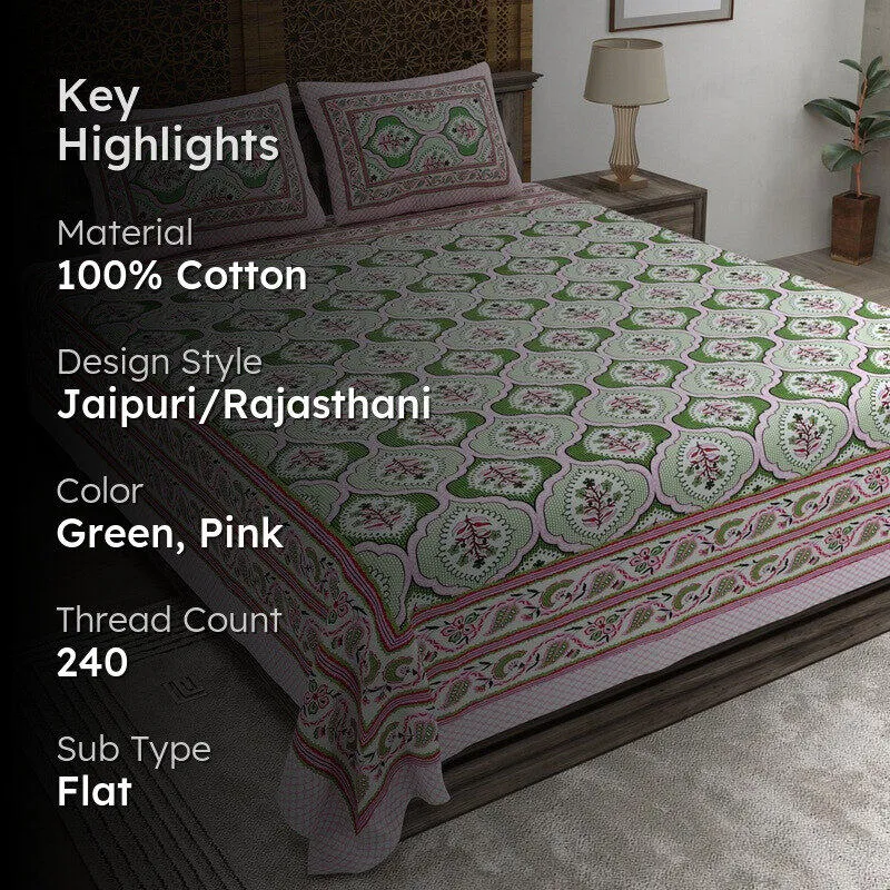 Rango Cotton Bedsheet (Green,Pink) - 240 TC media 2