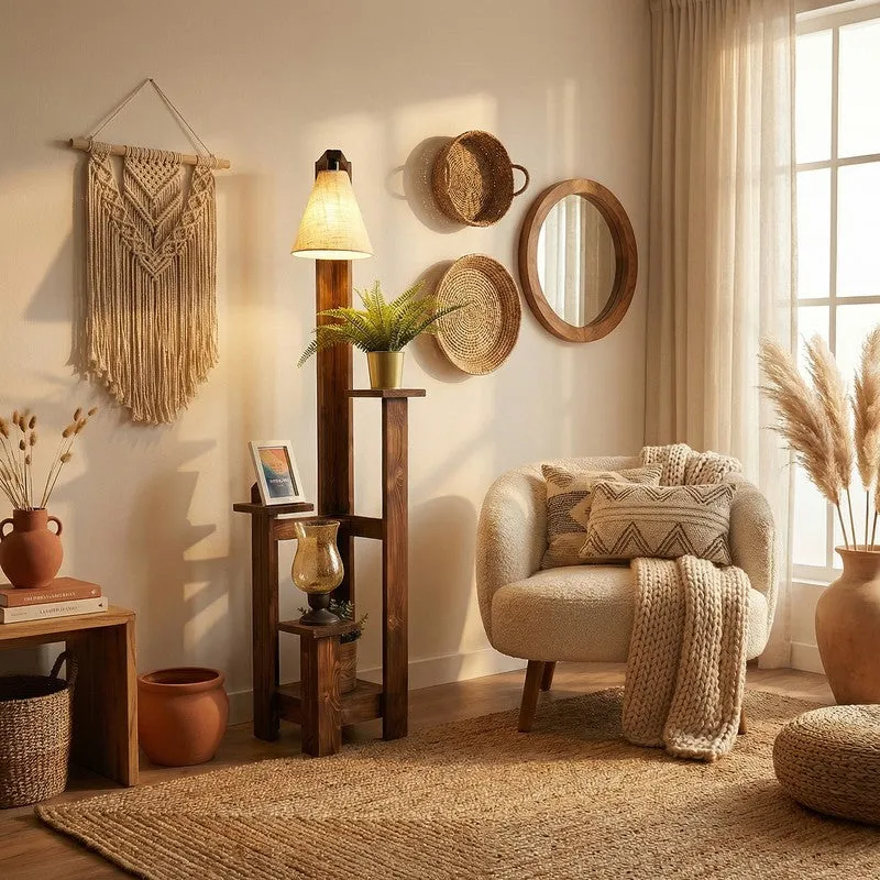 Clastre Jute & Wooden Floor Lamp With Shelves media 1