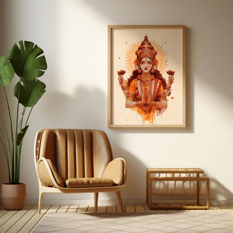Divine Grace of Goddess Mahalaxmi Archival Paper Wall Art - Natural Brown Frame