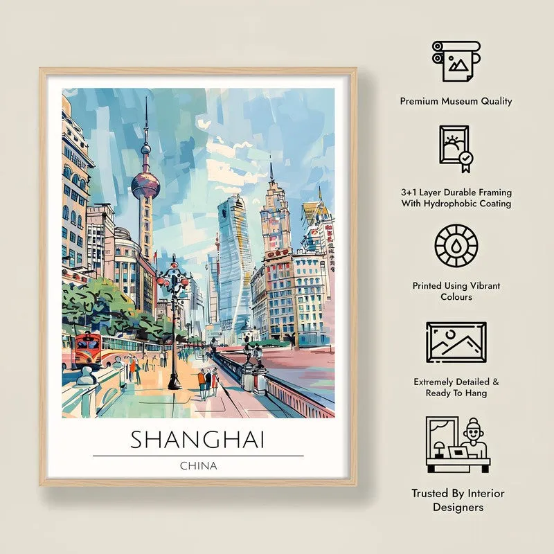 Vintage Shanghai Framed Canvas Archival Canvas Wall Painting - Natural Brown Frame media 8