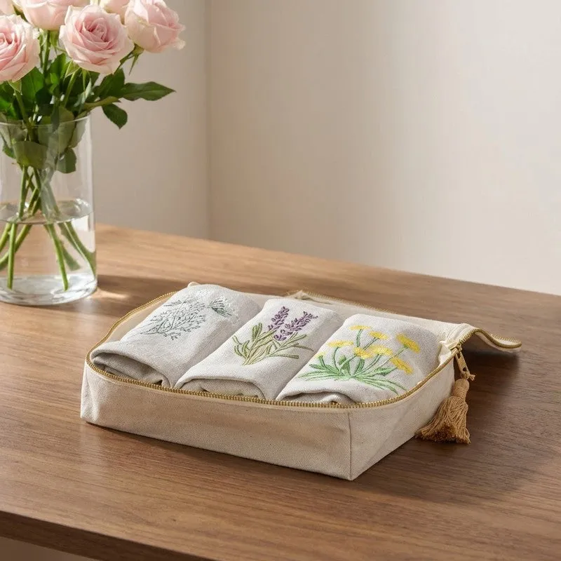Flora Embroidered Bamboo Cotton Hand Towels with Canvas Box - Set Of Three media 1