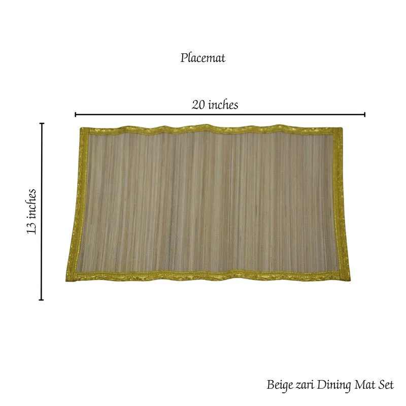 Single beige rectangular table mat with a zari border on a white background