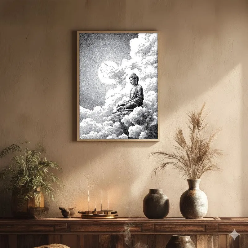 Buddha In Clouded Serenity II Wall Painting With Brown Frame media 1