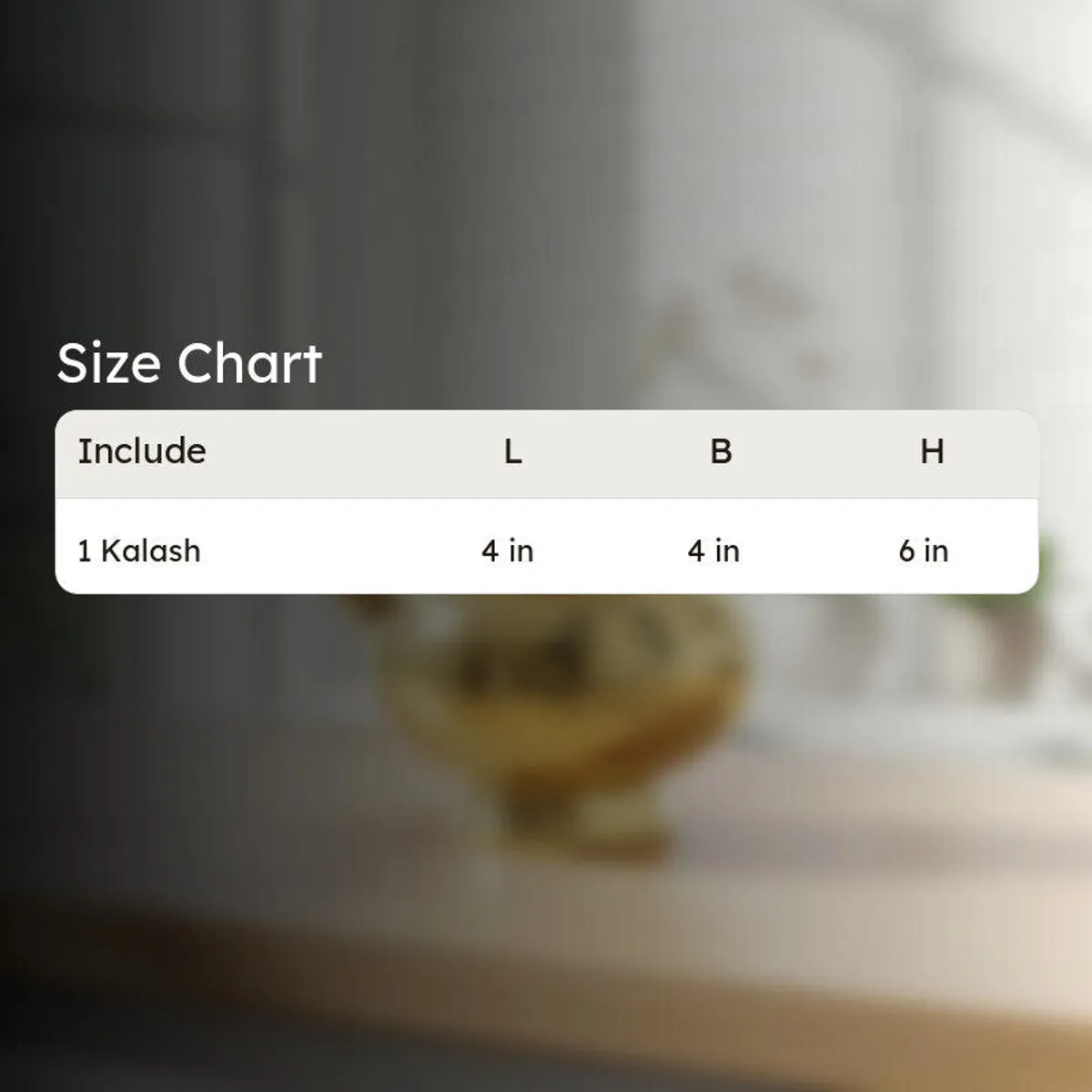 Gold Kalash shown beside a size chart