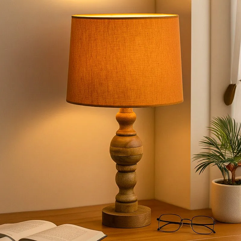 LumeElegance Wooden Table Lamp - Yellow,Brown media 1