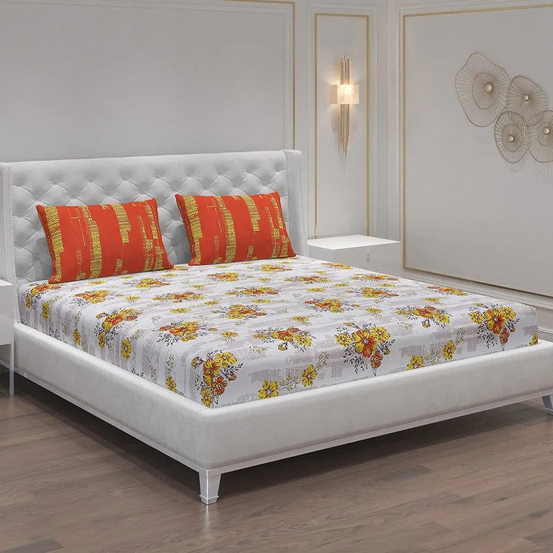 Monte Carlo Petal Story Cotton Bedsheet (White,Orange) - 104 TC media 1