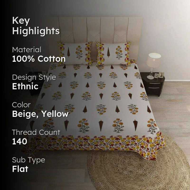 Devika Ethnic Printed Cotton Bedsheet (Yellow) - 140 TC media 2