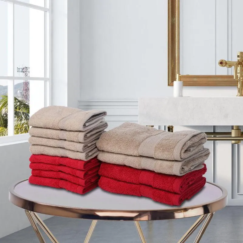 Miorah Hand & Face Towel Combo (Red & Beige) - Set Of Twelve media 1