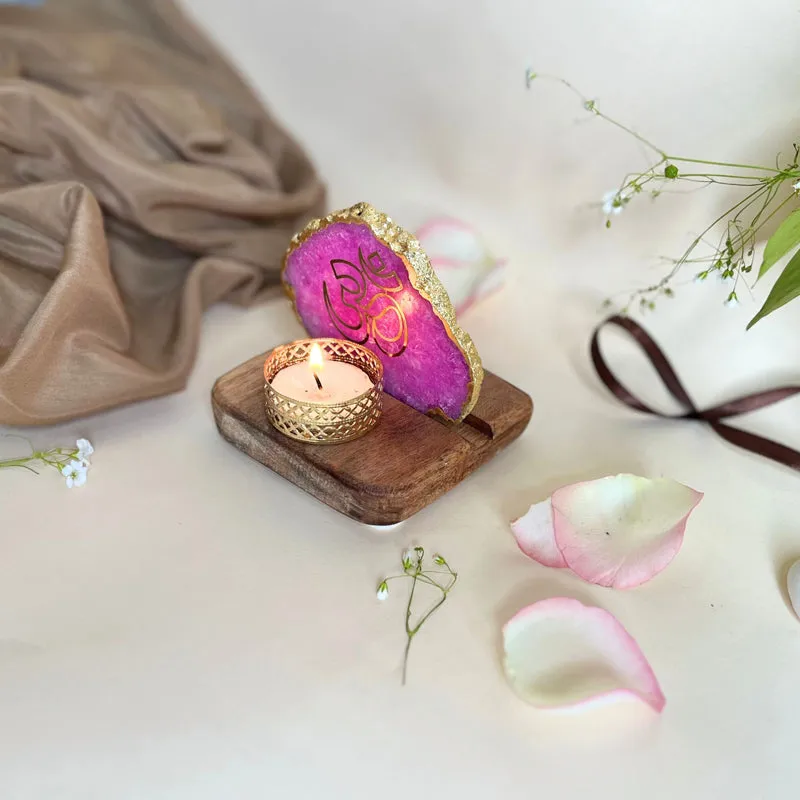 Om Handcrafted Agate Religious Accent With Tealight Candle Holder - Pink media 3