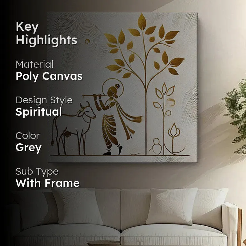 Golden Krishna And Cow Wall Painting media 2