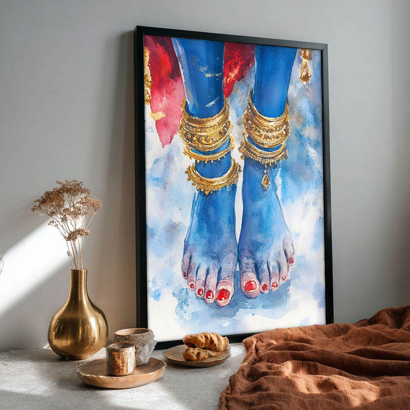 Blue Lotus Feet Spiritual Archival Paper Wall Painting With Frame - Black media 5