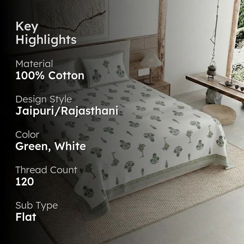 Ethnic Aura Cotton Bedsheet (Green,White) - 120 TC media 2