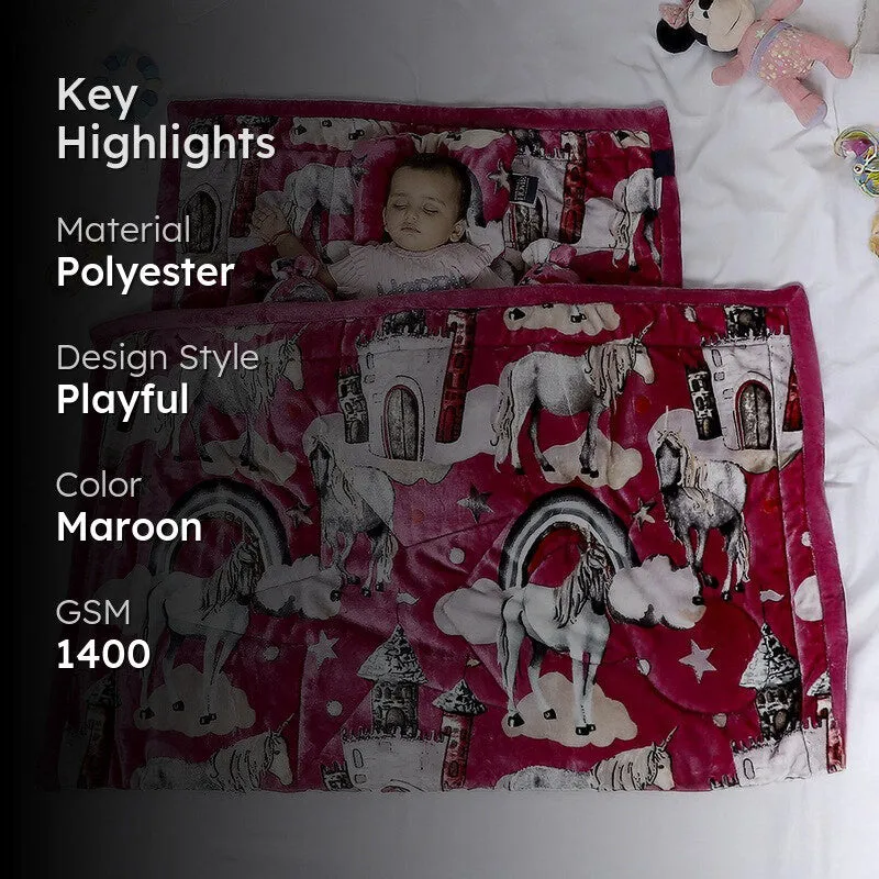 Monte Carlo Dreamy Unicorn Kids Blanket (Maroon)- 1400 GSM media 2