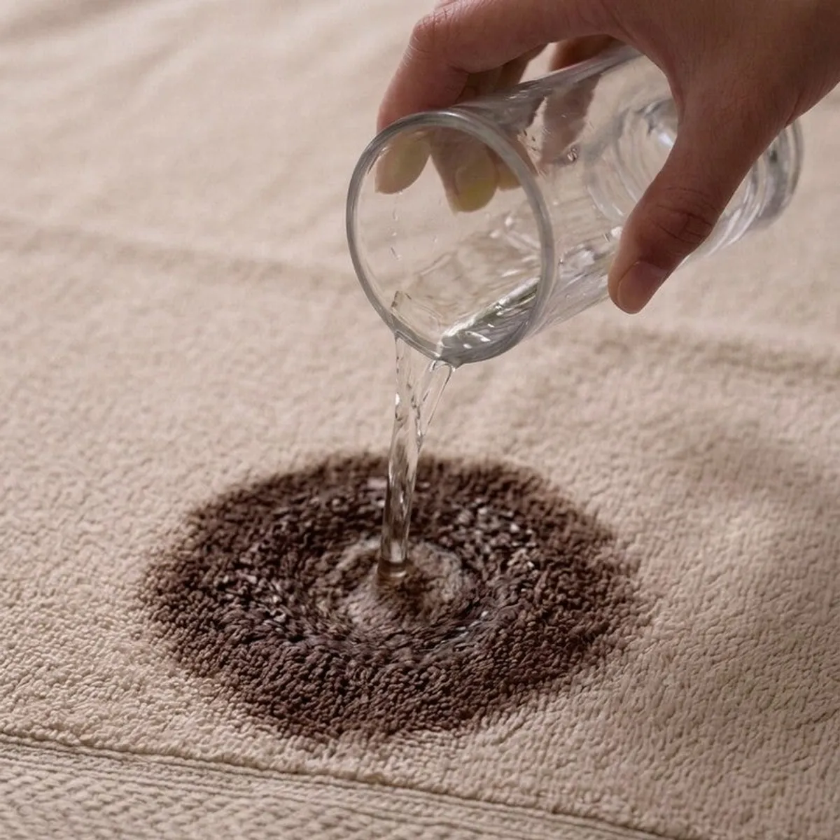 Water being poured onto a light beige towel to show absorbency.