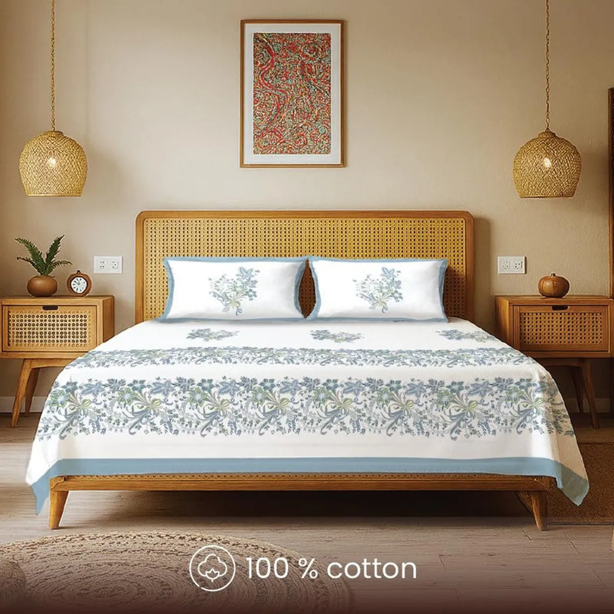 Blue and white floral bedsheet with matching pillow covers on a bed