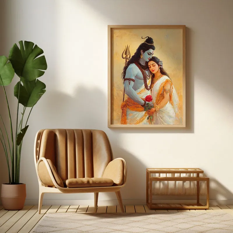 Lord Shiva and Parvati II Archival Paper Wall Art - Natural Brown Frame media 1