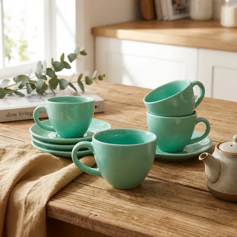 Ceramic Cup & Saucer (Sage Green/180 mL Each) - Set of Four media 3