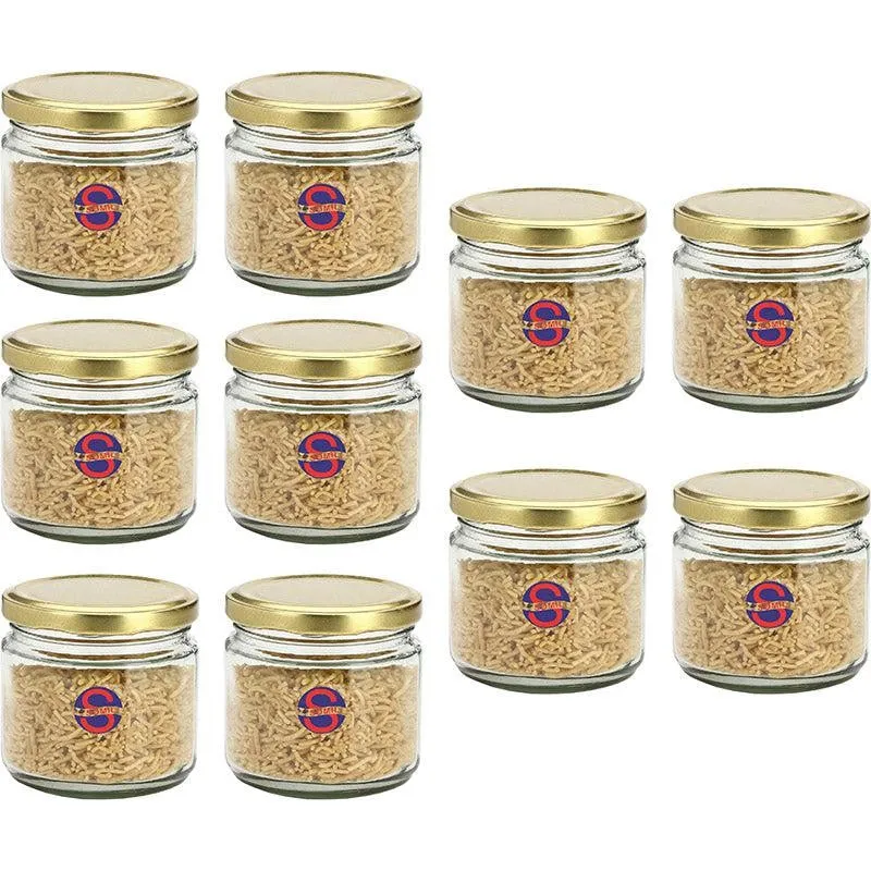 Ten transparent glass jars with gold lids arranged in rows on a white background.