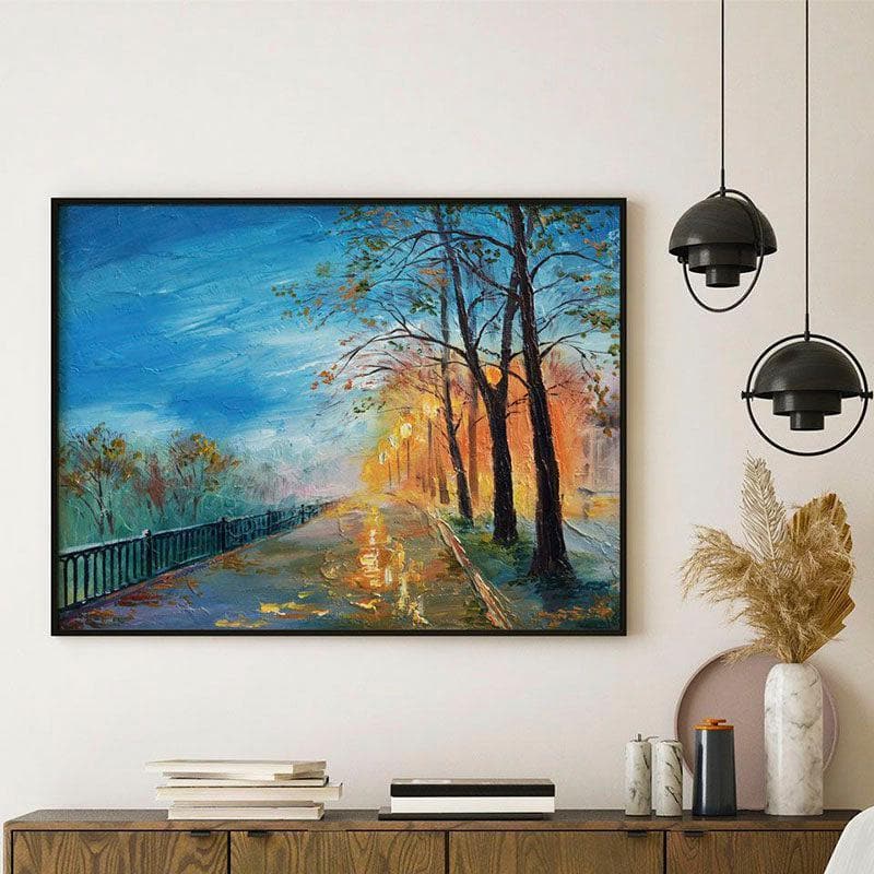 Evening Autumn Street Wall Painting - Black Frame