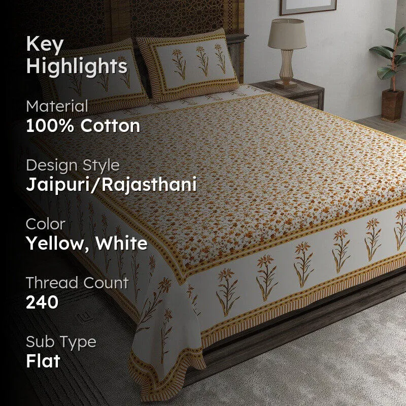 Vinea Cotton Bedsheet (Yellow,White) - 240 TC media 2