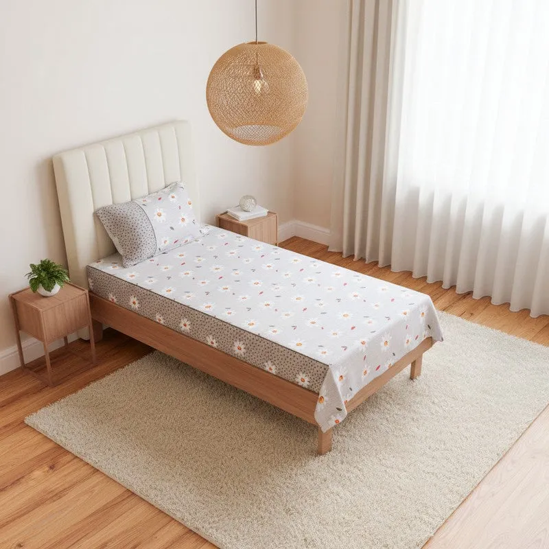 Daisy Blush Printed Cotton Bedsheet (Grey) - 200 TC media 1