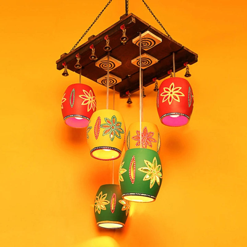 Shamira Ethnic Clustered Wooden Ceiling Lamp - Multicolor