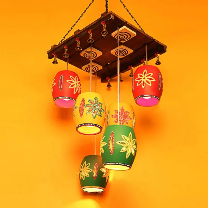 Shamira Ethnic Clustered Wooden Ceiling Lamp - Multicolor media 1