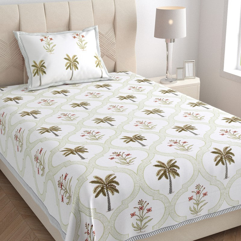 Haveli Block Cotton Bedsheet (Green,Peach) - 180 TC media 3