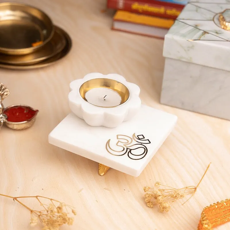Shila Marble Diya With Chowki - Two Piece Set media 1
