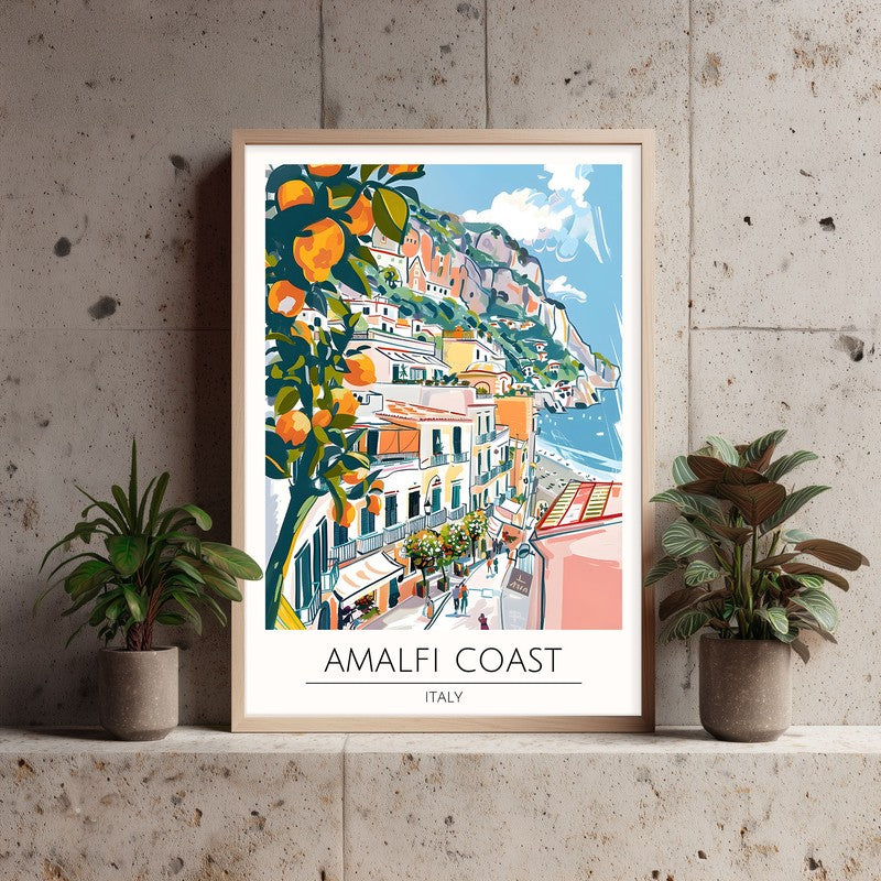 Vintage Amalfi Coast Framed Canvas Archival Canvas Wall Painting - Natural Brown Frame media 3