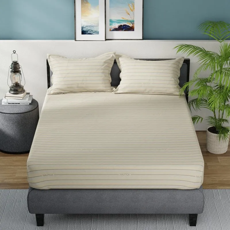 Front view of brown striped bedsheet with two matching pillow covers