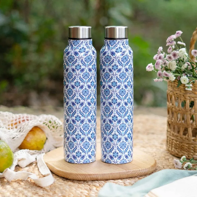 Blue Moroccan Print Stainless Steel Water Bottle (1000 mL Each) - Set Of Two media 1