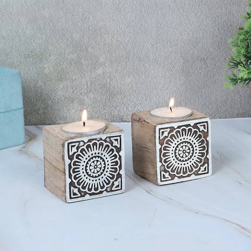 Mandala Mango Wood Tea Light Holder - Set Of Two media 1