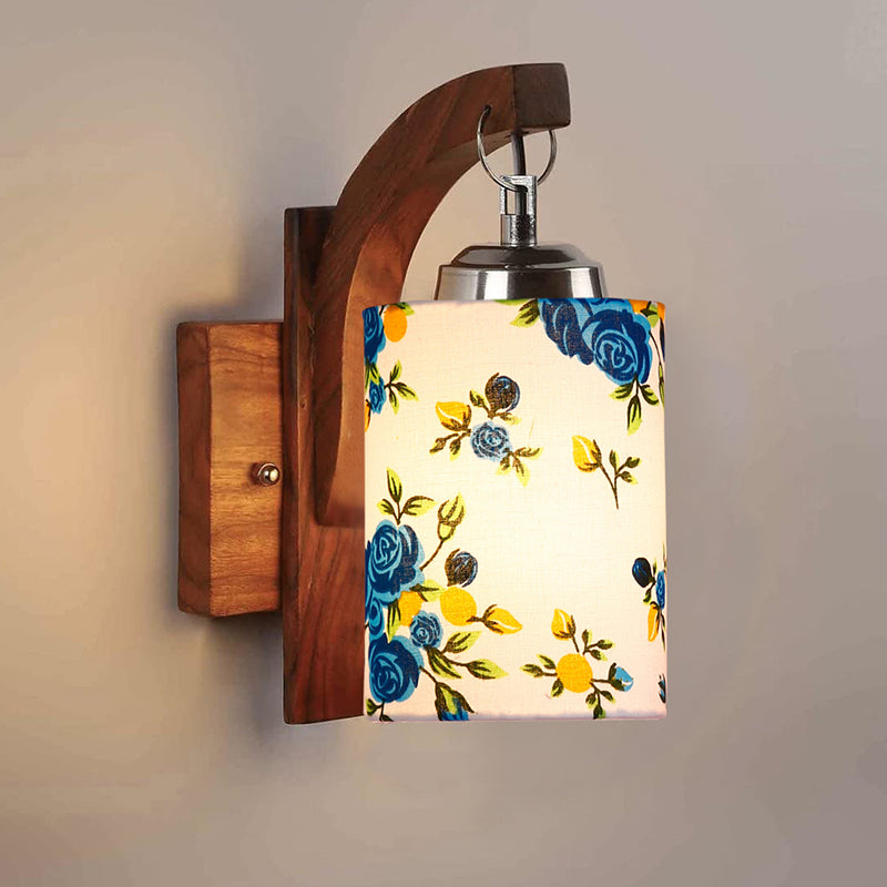 Forma Blue Fleur Cylindrical Fabric & Wooden Wall Lamp