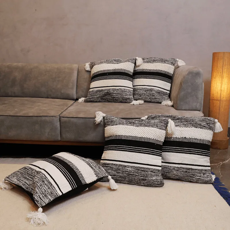 Striped Plush Tufted Cushion Cover ((Black & White)) - Set Of Five media 1