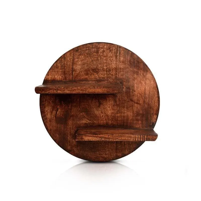 Unstyled round brown wooden shelf with two horizontal ledges against a white background