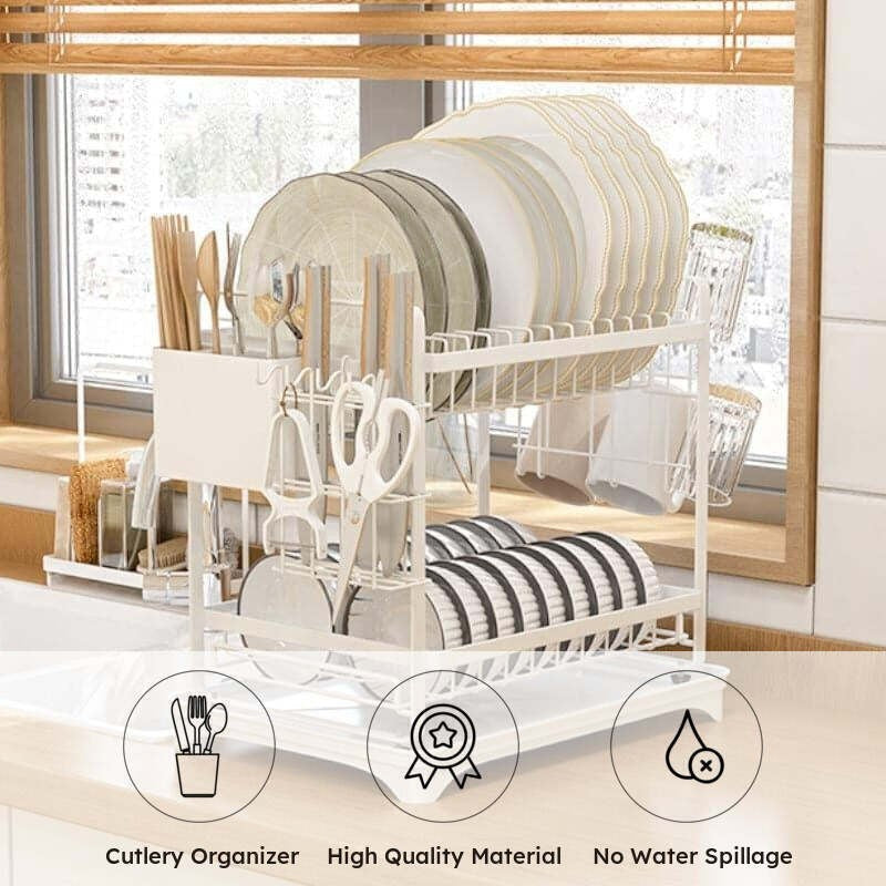 Premium White Double Dish Rack with Drainage - Carbon Steel media 6
