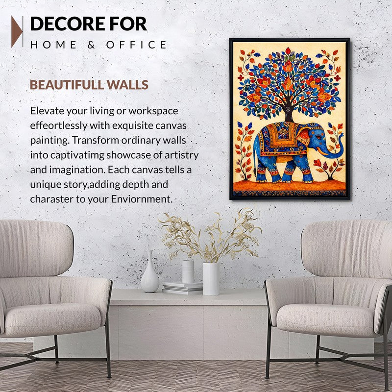 Madhubani Elephant Canvas Wall Painting With Frame media 6