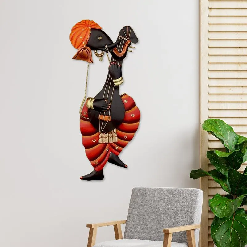 Veena Ganesha Religious Wooden Wall Accent media 1
