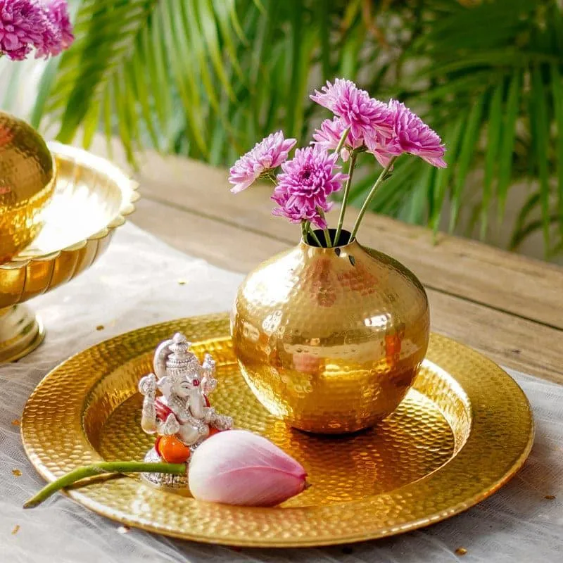 Dunery Hammered Aluminum Pooja Thali - Gold media 3