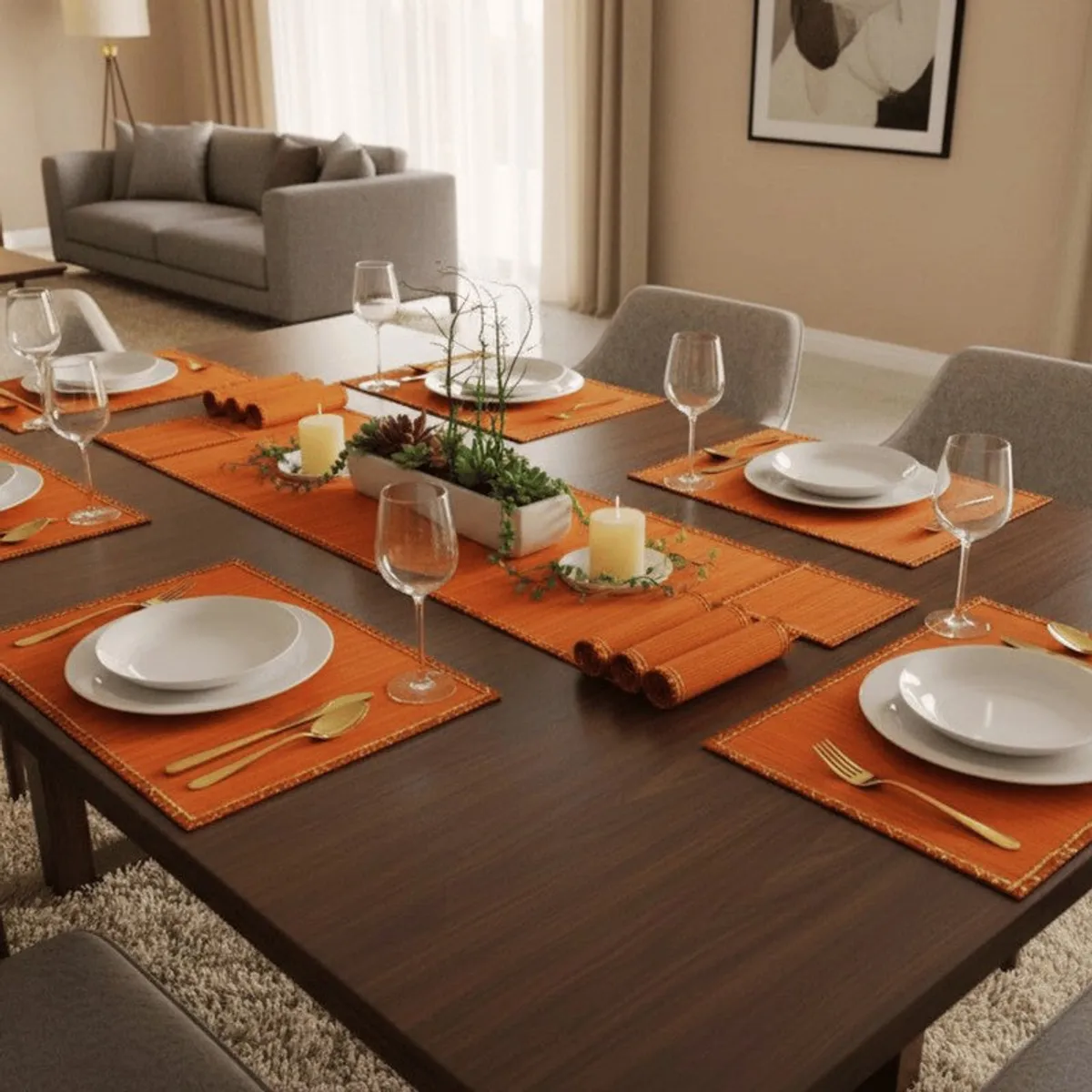 Orange bamboo table linen set arranged on a modern dining table