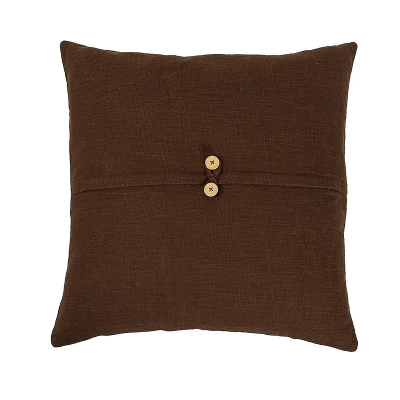Back view of a brown square cushion cover with two button closure