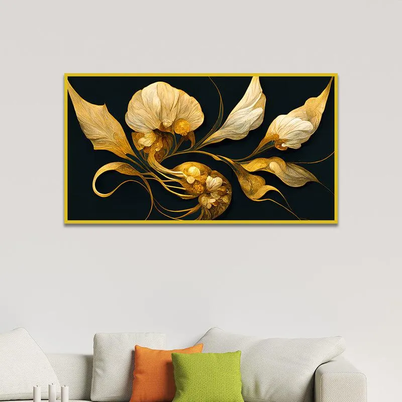 Aurum & Obsidian Floral Canvas Wall Painting With Frame - Gold media 5