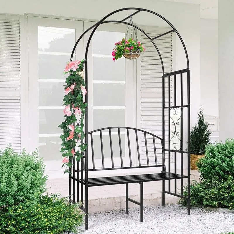 Arch Arbor Metal Outdoor Bench With Planter Stand - Black media 1