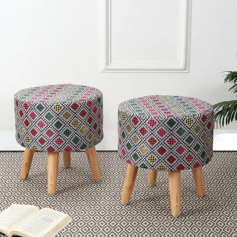 Navine Boho Diamond Multicolor Engineered Wood Ottomans - Set Of Two media 1