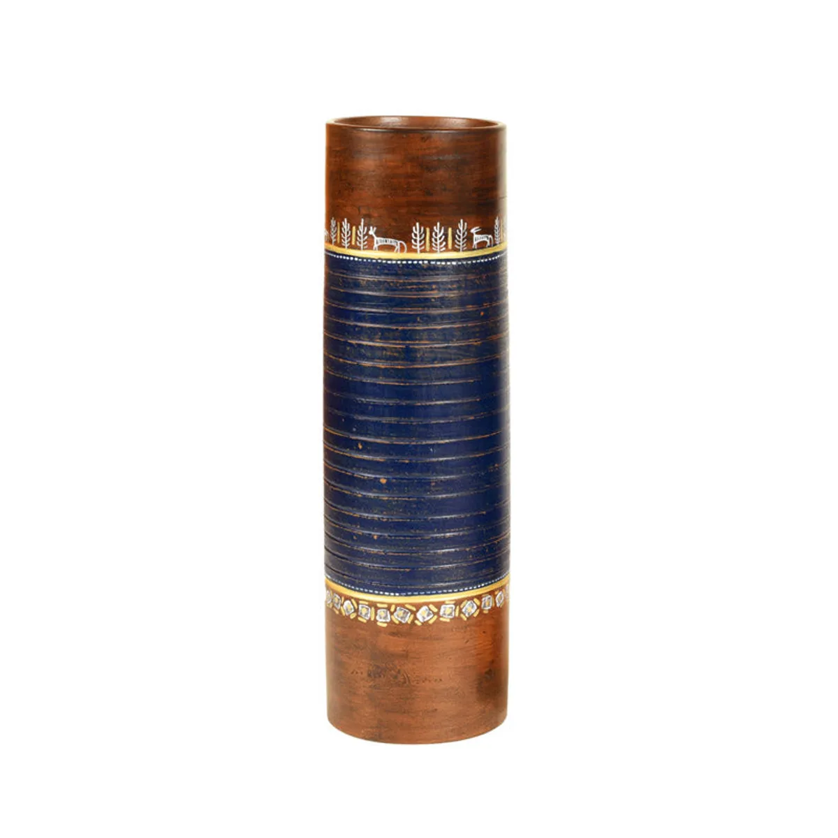 Front view of a tall blue and brown terracotta vase against a white background