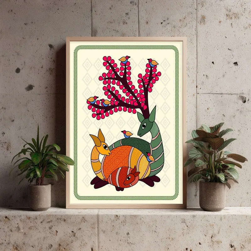 Deer In Color Framed Madhubhani Canvas Archival Canvas Wall Painting - Natural Brown Frame media 3