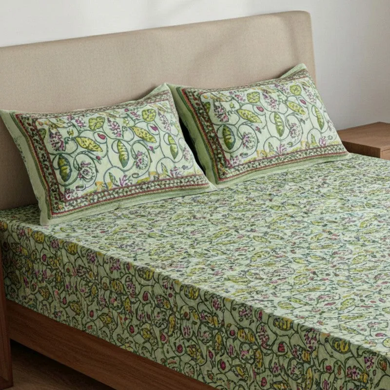 Jewelina Floral Printed Cotton Bedsheet (Light Green) - 120 TC media 3